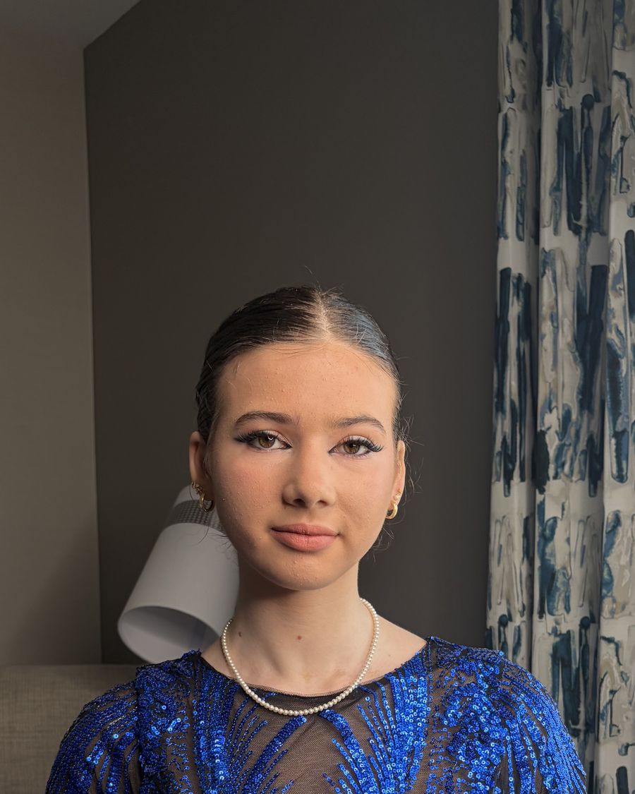 Occasion makeup with a blue lace gown