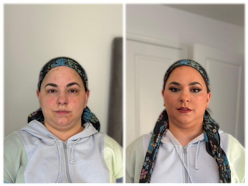 Before and after: defined evening makeup worn with a tichel
